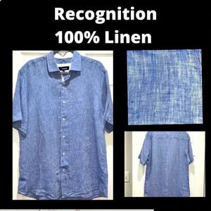 Recognition 100% Linen Mens Blue button down short sleeve shirt ❤️
